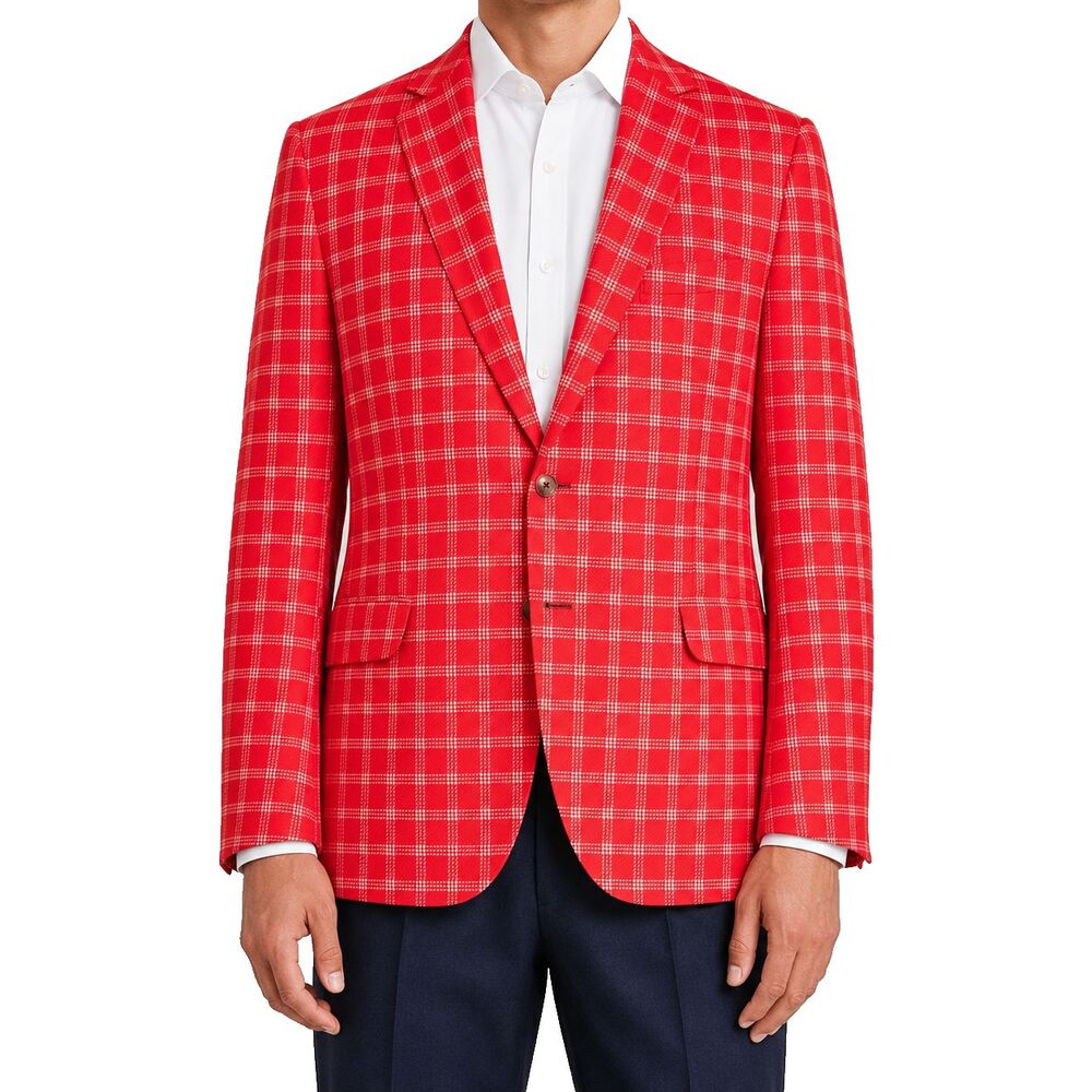 Mens Wool Blazer 44R Red White Windowpane Check Sport Coat Jacket Preppy Wedding